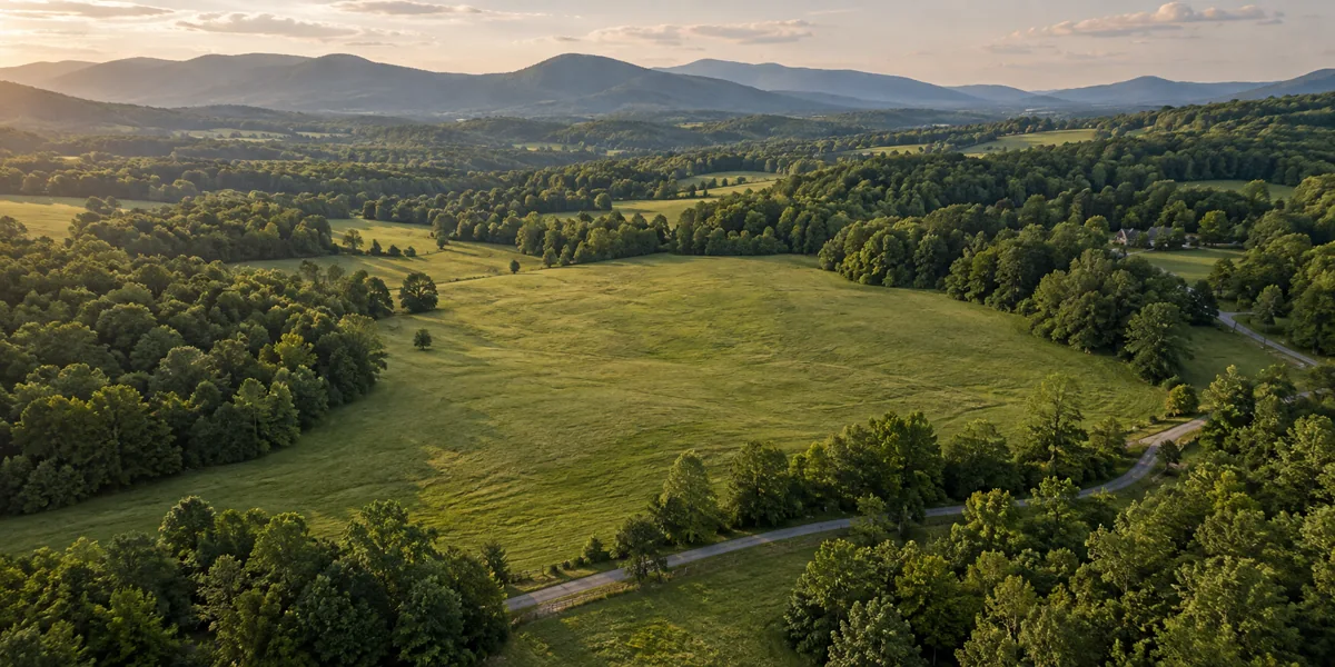 Illustrative aerial view of rolling meadows and wooded hills inspired by East Tennessee